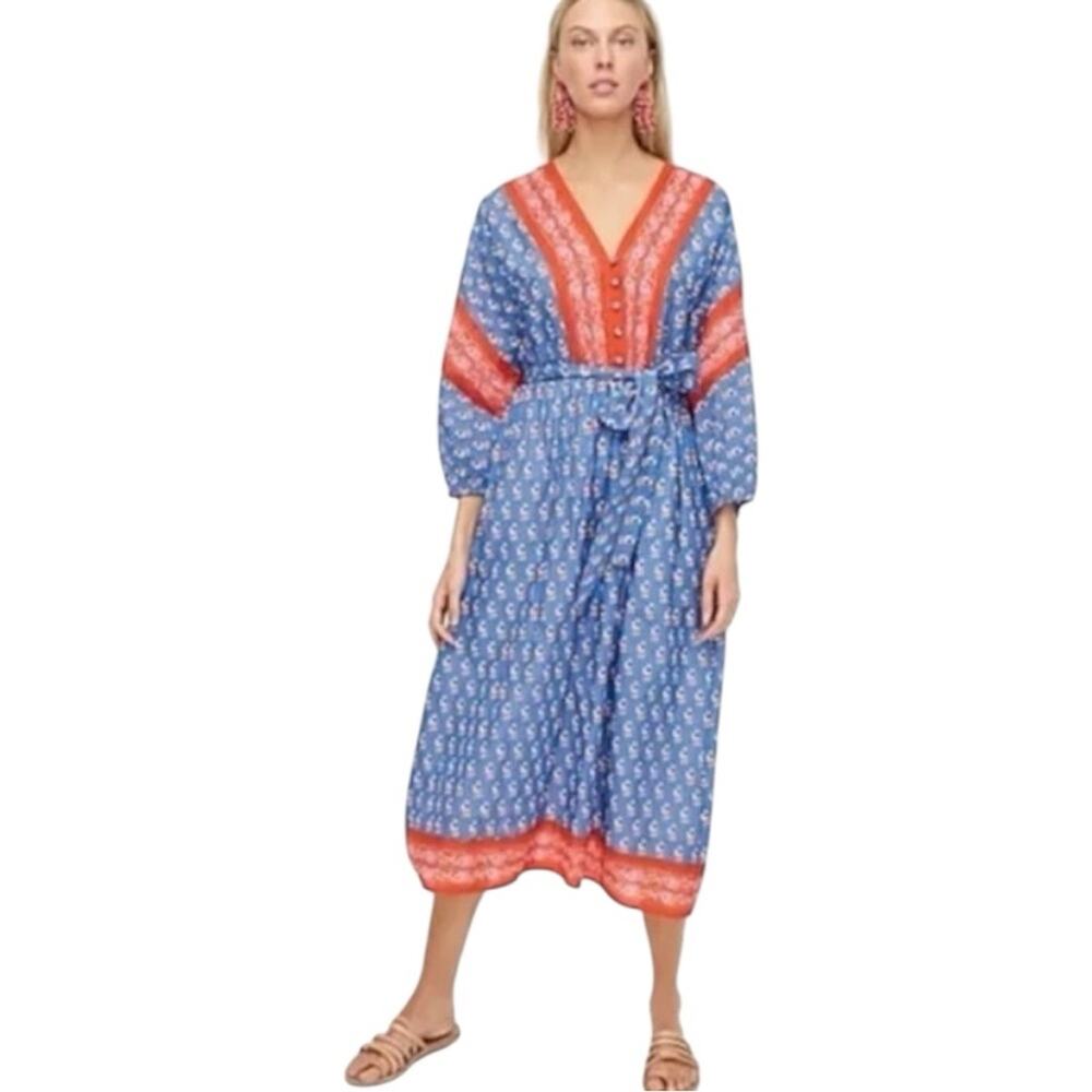 J. Crew Boho Midi V-Neck Floral Cover-Up Dress Block Print Oversize Size Small